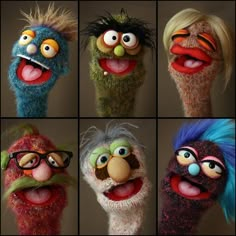 the sesame street characters are wearing different colored hair and make funny faces with their mouths