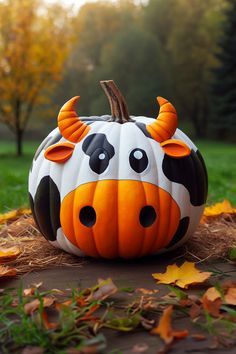 a cow painted on top of a pumpkin sitting in the middle of leaves and grass