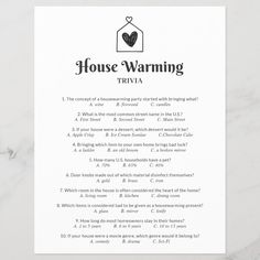 house warming trivia with question card