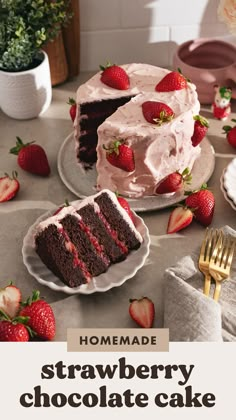 strawberry cake with chocolate frosting and fresh strawberries on the table next to it