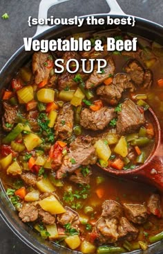 a pot filled with beef and vegetables next to a wooden spoon on top of it