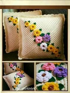 three pictures of pillows with crochet flowers on them and the same one in different colors