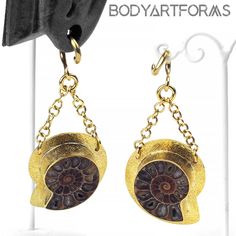 a pair of earrings with gold chains hanging from them