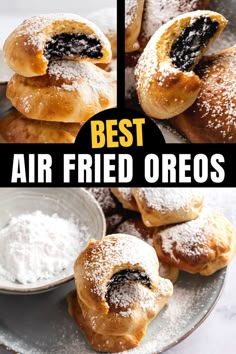 the best air fried oreos are on display with powdered sugar in each one