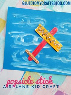 an airplane made out of popsicle sticks on top of a blue background with the words popsicle stick artlane kid craft