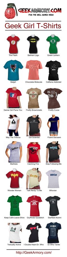 an advertisement for geek girl t - shirts, with the names and colors on them