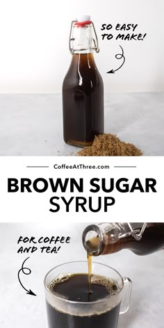 coffee being poured into a glass cup with sugar on top and the words, brown sugar syrup