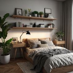 a bed sitting in a bedroom next to a window with lots of plants on top of it