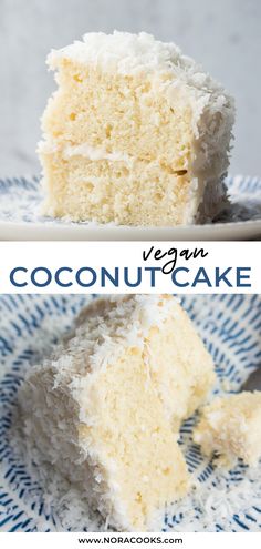 two pictures side by side of a piece of coconut cake on a blue and white plate