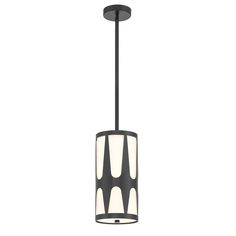 a black and white pendant light hanging from a ceiling fixture with an abstract design on it