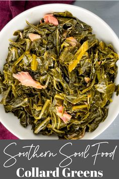 a white bowl filled with collard greens and salmon