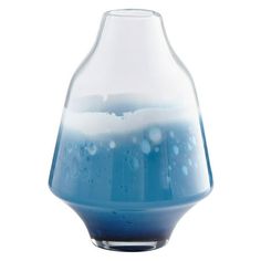 a blue and white vase with water in it's bottom, on a white background