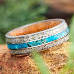 Antler and Wood Wedding Band with Turquoise Turquoise Wedding Bands, Turquoise Wedding Band, Mesquite Wood, Antler Design, Jewelry By Johan, Antler Jewelry, Turquoise Men, Ring Inspo, Engraving Fonts