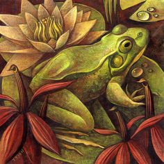 a painting of a frog sitting on top of flowers