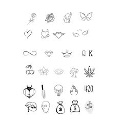 various tattoo symbols are shown in black and white, including the letter k on each side