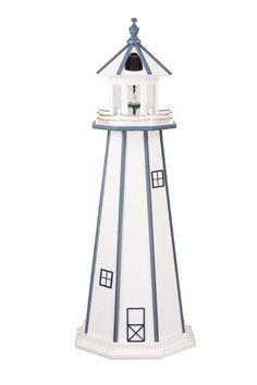 a white and blue lighthouse is shown against a white background