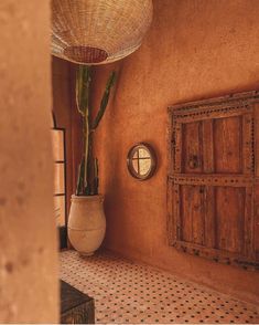 a potted plant sitting on top of a tiled floor next to a wooden door