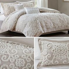 four different views of a bed with white comforter and pillows