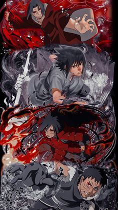 an anime poster with the main characters and their names in red, black and white