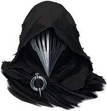 a black hooded cloak with an umbrella attached to it's hood and two swords sticking out of the hood