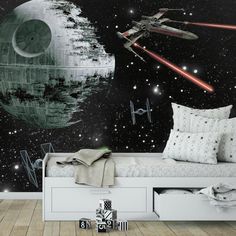 Take on the Empire with our Star Wars Vehicles XL Spray and Stick Wallpaper Mural. Bring the Star Wars battle to your walls as Rebel Alliance X-wing Starfighter and legendary starship Millennium Falcon battle TIE fighters in a galaxy far, far away. Lingering close by, the Empire's ultimate weapon - the Death Star! Will this legendary moon-sized space station destroy the entire planet? Create this epic space fantasy on walls and relive the timeless, mythological tale of good versus evil. Starship Star Wars Zimmer, Star Wars Wall Mural, Star Wars Mural, Decoracion Star Wars, Star Wars Wall Decal, Star Wars Bedroom, Roommate Decor, Star Wars Room, Star Wars Decor