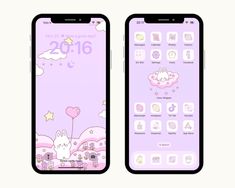 two iphones with hello kitty theme on them, one is purple and the other is pink