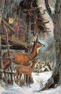 a painting of two deer in the snow next to a log cabin and tree stumps