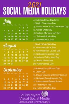 the social media holidays calendar is shown in three different colors and font, with dates for each