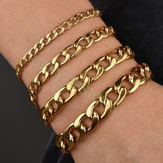 5pcs Gold Cuban Link Chain Bracelet, Miami Cuban Curb Links, Cuban Men Bracelet, NK 1:1 Curb Bracelet, Gift for Men, Gold Stainless Steel -Item Details Chain Size: 3.5mm /4.5mm /5mm /7.5mm /9mm /11.5mm /13mm Material: 304 stainless steel Color: Gold, Steel Color (Will not easy to fade or tarnish) Quantity: 5pcs Ps. The chains use 18K Gold plating, which makes for a long-lasting finish and the tarnish-resistance. If you have any other questions, please feel free to contact me :) Chain Bracelet Men, Glow Jewelry, Curb Bracelet, Gold Cuban Link Chain, Mood Jewelry, Hand Chain Bracelet, Womens Bangles, Money Gifts, Tarnished Jewelry