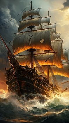 a painting of a pirate ship in the ocean