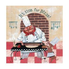 a painting of a chef in front of a pizza oven with the words it's time for pizza