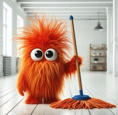 an orange hairy monster holding a mop and standing on the floor with it's eyes wide open