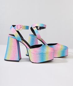 Crafted in a rainbow glitter material, featuring 1.5 inch platforms and 4.5 inch heels. Secured with buckle adjustable ankle cross straps. Chunky Platform Heels, Rainbow Heels, Heart Clutch, Sequin Shoes, Rainbow Shoes, Closet Collection, Sparkle Shoes, Glitter Heels, Rainbow Glitter