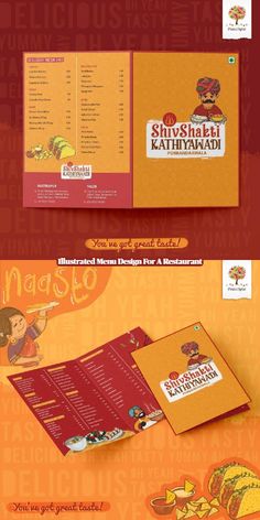 The menu card for this Kathiyawadi eatery features, super cute, vibrant illustrations of people in authentic Gujarati attire, and of the dishes offered. Customers are bound to feel excited and engaged for their orders as they browse through the visually appealing menu. #menudesign #restaurantmenu #indianrestaurant #indianfood #menucard #typographydesigns #restaurantbranding #branding #warmcolorscheme #warmcolours #illustrationart #restaurantbranding #brandingideas #branding #restaurantbusiness #indianfood #gujaratifood #kathiyawadieatery #gujaratiillustrations #illustrationart #illustrationdesign #menu #illustratedmenu #indiantypography #indianfonts #cursivefonts #mascot #indianfoodlove #brandbuilding #designideas #menucardesignideas #indianpatterns #indiandesigns #foodillustration Indian Restaurant Menu Design, Menu Card Design Restaurant, Indian Restaurant Branding, Indian Menu Design, Resturant Menu, Indian Food Menu, Restaurant Menu Card, Restaurant Indian, Illustrations Of People