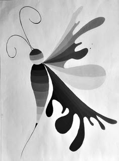 a black and white drawing of a bird with swirls on it's wings