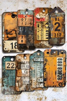 two old license plates with numbers on them are shown in rusted paint and metal