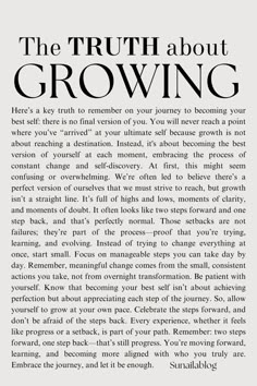 the truth about growing is shown in an article with black and white text on it