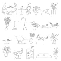 a set of hand drawn furniture and plants