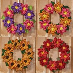 four crocheted wreaths with flowers arranged in the middle and on each side