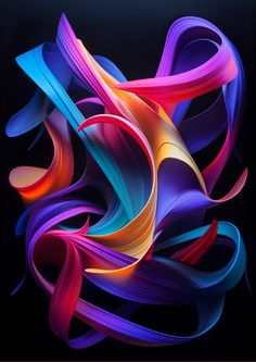 an abstract painting with multicolored lines in the shape of swirls on a black background