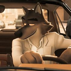 a fox is sitting in the driver's seat of a car with his eyes glowing