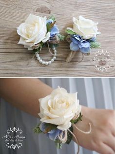 two different pictures of flowers and pearls on a table