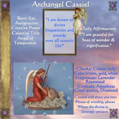 an angel sitting on top of a sheep next to a sign that says, archangel cassiel