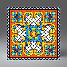 an orange, blue and yellow tile with flowers in the center on a gray background