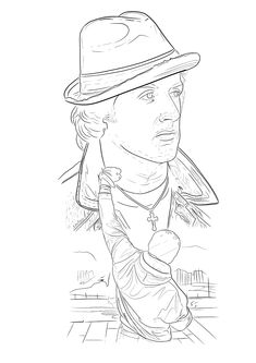 a black and white drawing of a man wearing a hat with his hand on his shoulder