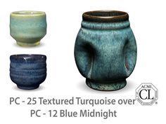 three ceramic vases with different colors and sizes are shown in the image, one is blue