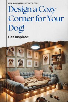 an advertisement for a dog sitting on top of a couch in front of a wall with pictures