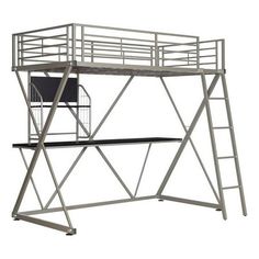 a metal desk with a ladder and chair on it's top shelf in front of a white background