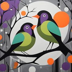 two birds sitting on a tree branch in front of a full moon with orange and green circles