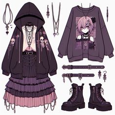 a set of clothing and accessories for anime characters, including boots, necklaces, bracelets and earrings